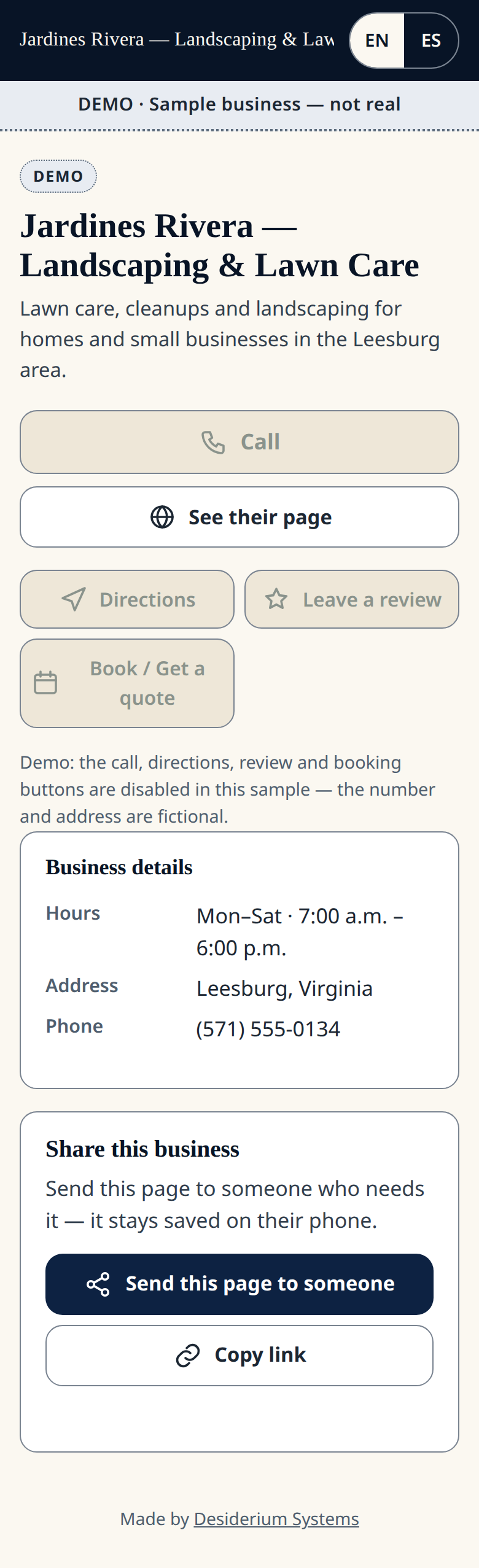 Sample business tap screen, marked DEMO