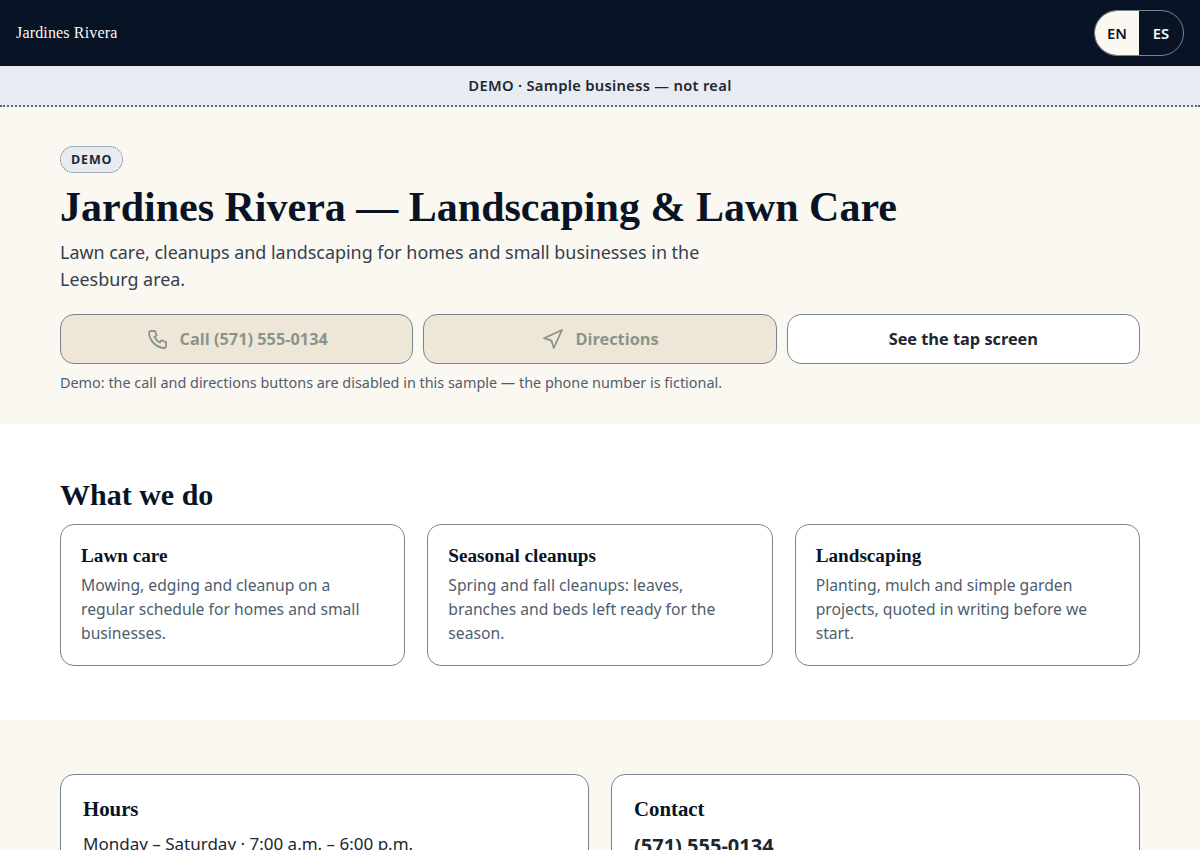 Sample business page, marked DEMO